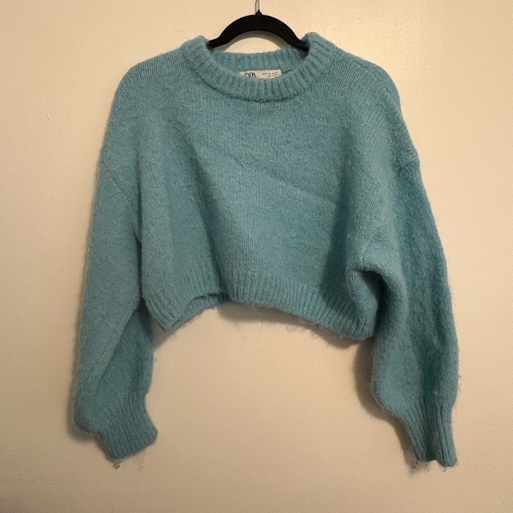 Zara Light Blue Fuzzy Cropped Sweater